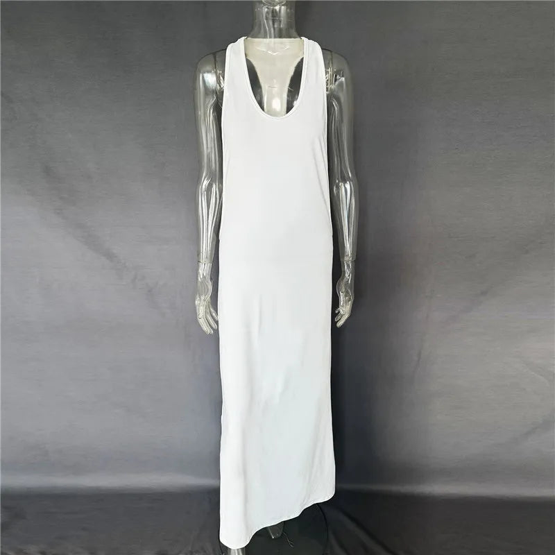 VacationGrabs Women Halter Neck Backless Maxi Dress Side Cutout Sleeveless Bodycon Long Dress Metal Buckle Detail Evening Party Gown