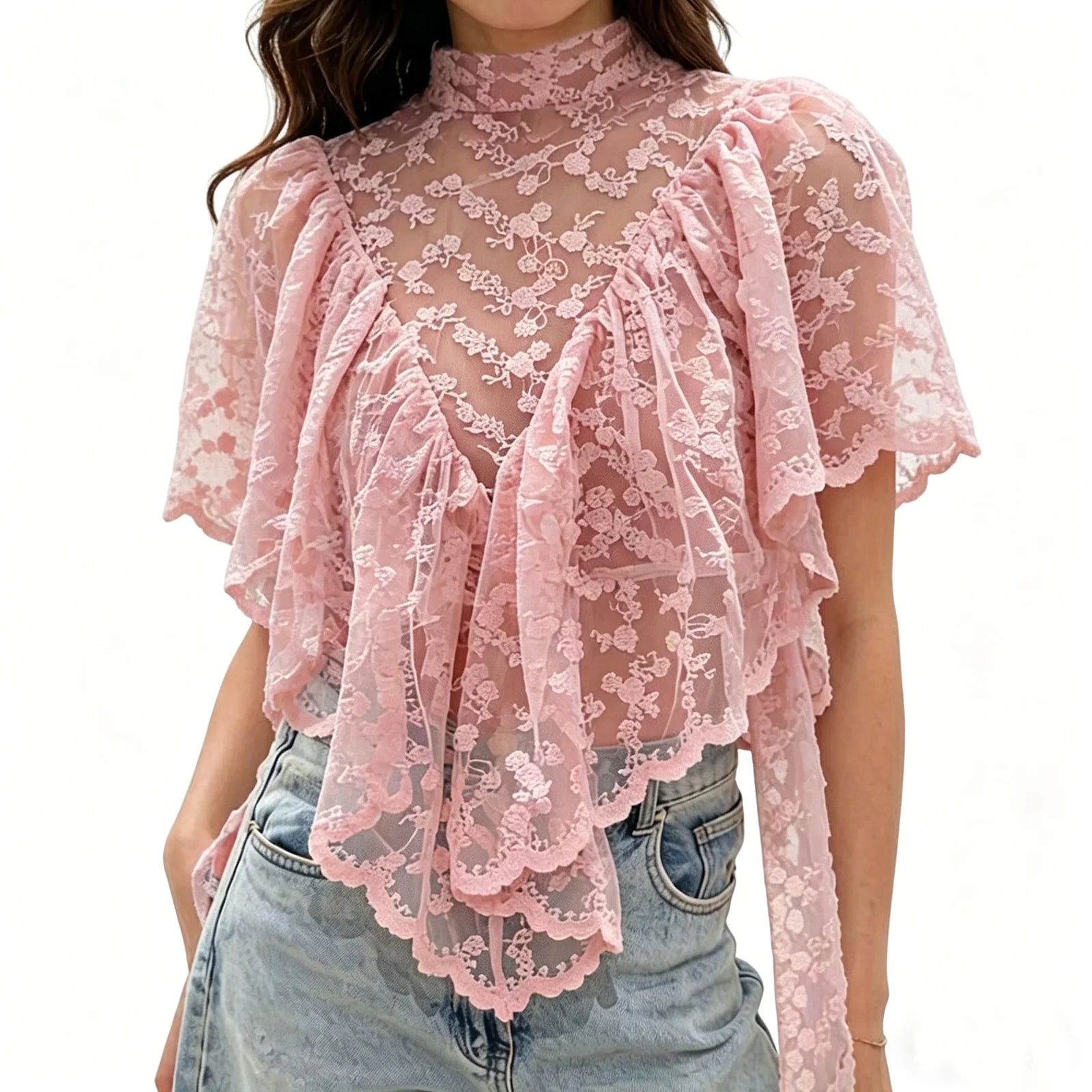 VacationGrabs Y2K Fairy Mesh See Through Casual High Neck Looseshawls Women Floral Lace Embroidery Shawl Tops Asymmetrical Streetwear