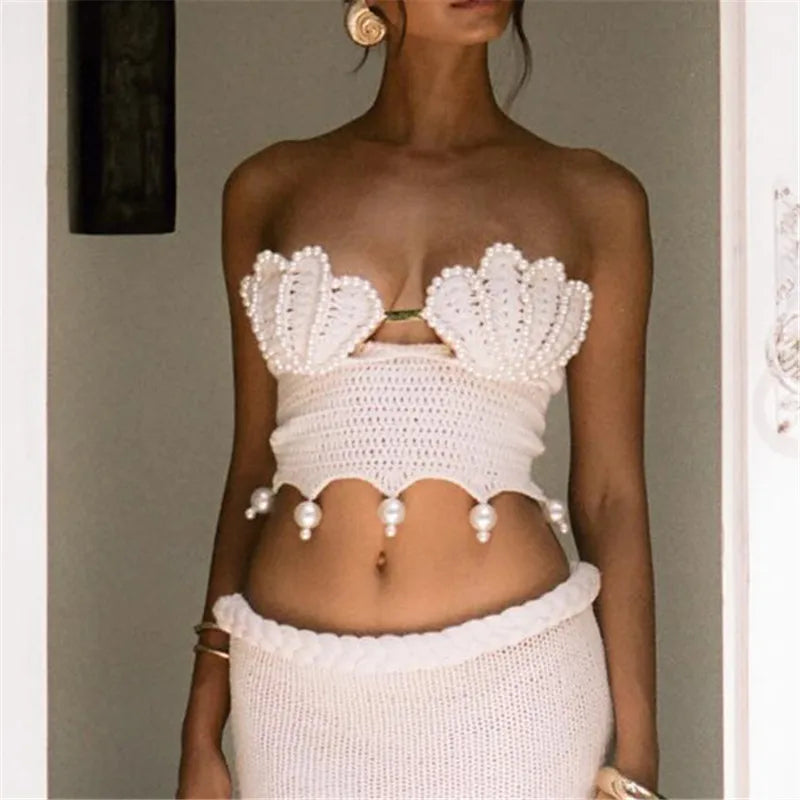 VacationGrabs Sexy Pearls Knit Tube Top Lady Chic Beach Sleeveless Hollow Out Slim Fit Short Tops Summer Women Holiday Beachwear