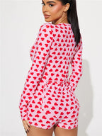 VacationGrabs Women Valentines Day Jumpsuit Pajama Romantic Heart Print Long Sleeve V Neck Button Front Shorts Romper Fitted Sleepwear