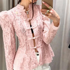 VacationGrabs Vintage Sheer Floral Lace Shirt Women Stand Collar Chinese Knot Buttons Puff Sleeve Peplum Slim Fit Casual Street Blouse