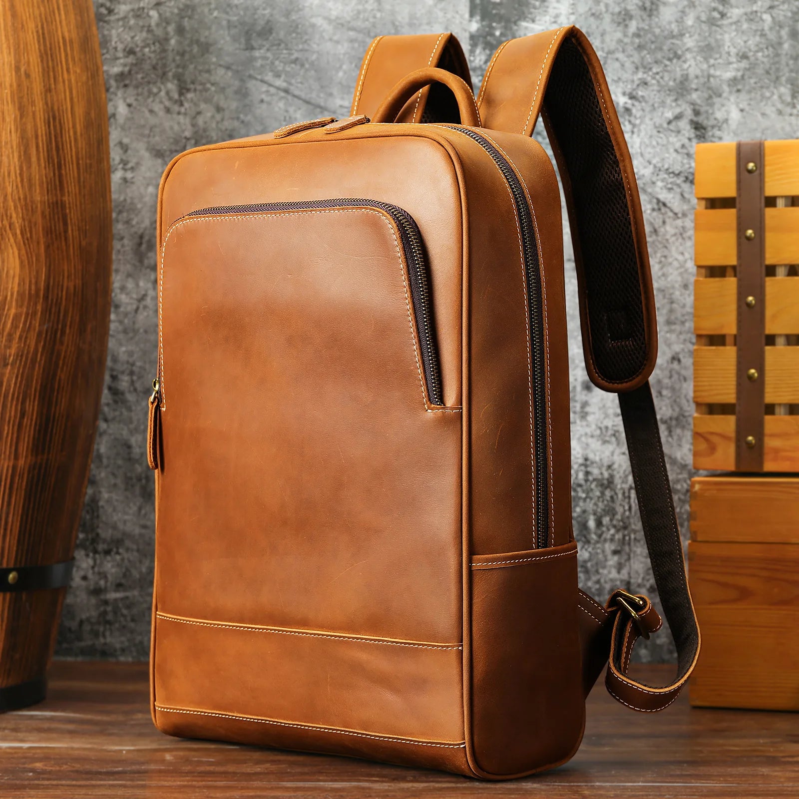15.6" Laptop Leather Backpack for Men Vintage Business