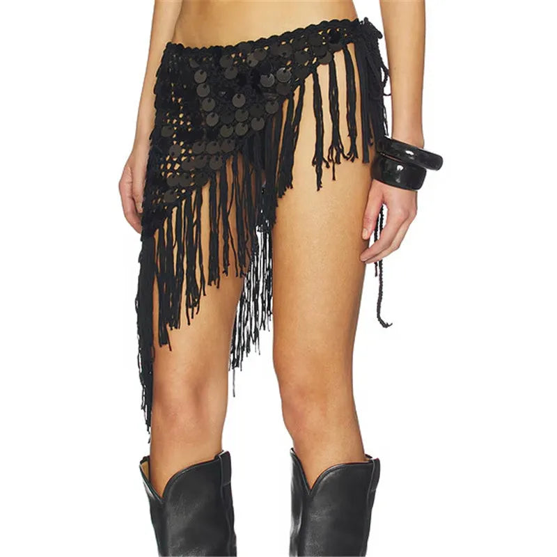 VacationGrabs Women Boho Handmade Crochet Sequin Fringe Wrap Skirt Asymmetrical Tassel Beach Cover Up Summer Festival Streetwear