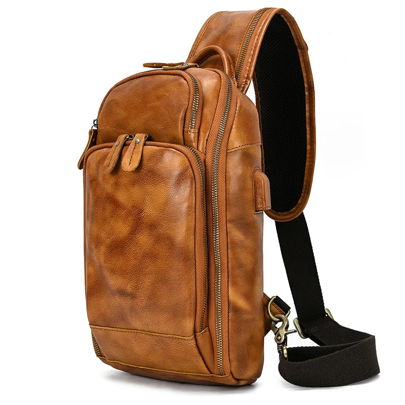 Men's Genuine Leather Chest Sling Bag with USB Charging Port