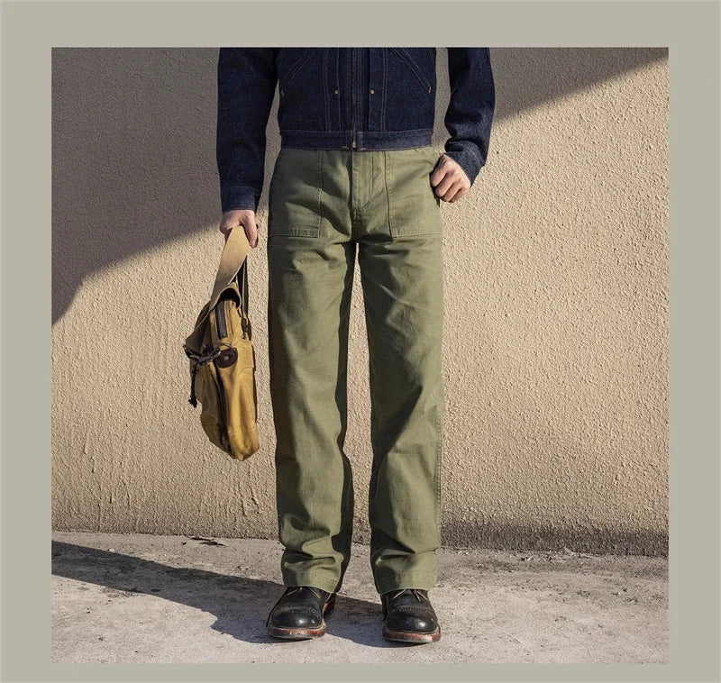 Red Tornado Army Fatigue Pants Cotton Sateen High Rise Casual Trousers Relaxed Fit