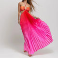 Women's Gradient Color Pleated Maxi Dress Summer Halter Neck Cut Out Sleeveless Backless Flowy Beach Vacation Party Dress