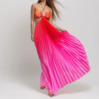 Women's Gradient Color Pleated Maxi Dress Summer Halter Neck Cut Out Sleeveless Backless Flowy Beach Vacation Party Dress
