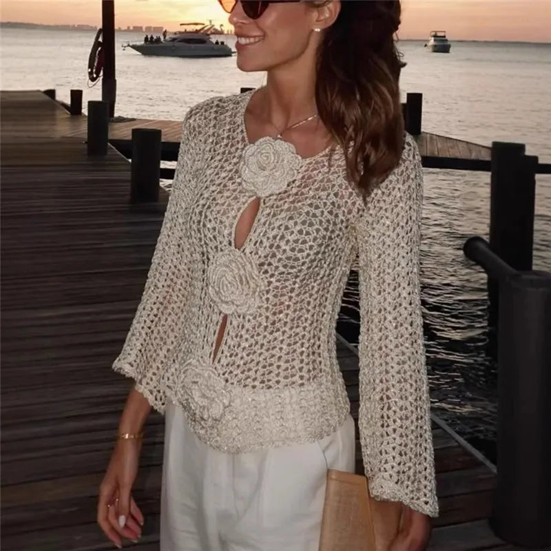 VacationGrabs 3D Floral Crochet Mesh Top Women Hollow See Through Flare Sleeve Keyhole Rose Button Cropped Knit Blouse Travel Dating