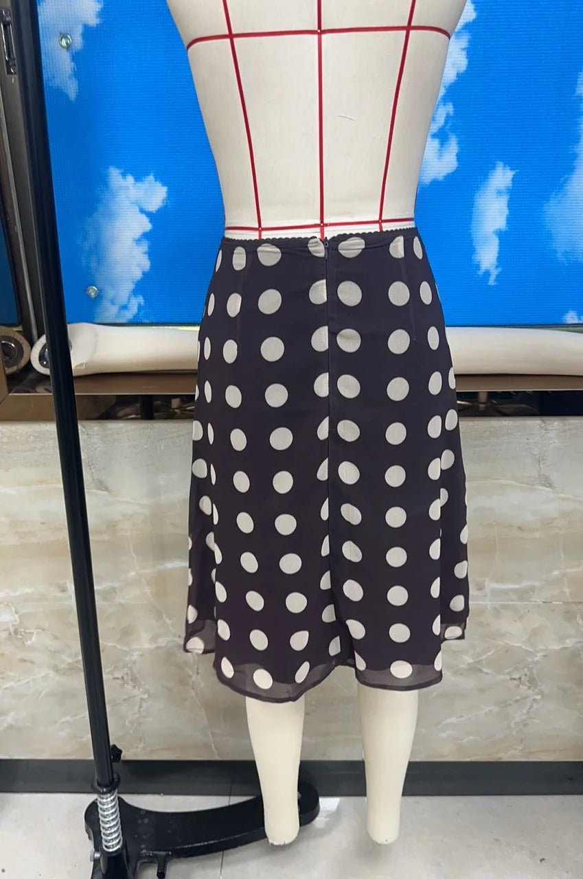 VacationGrabs Women's Boho Polka Dot Midi Skirt High Waist Ruffle Hem Silky Satin Flared Skirt Beach Vacation Summer Casual Skirt