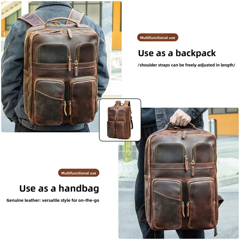 Frenzy Horsehide Men's Double-Shoulder Backpack, Cowhide Outdoor Travel Backpack, Men's Genuine Leather Double-Shoulder Bag
