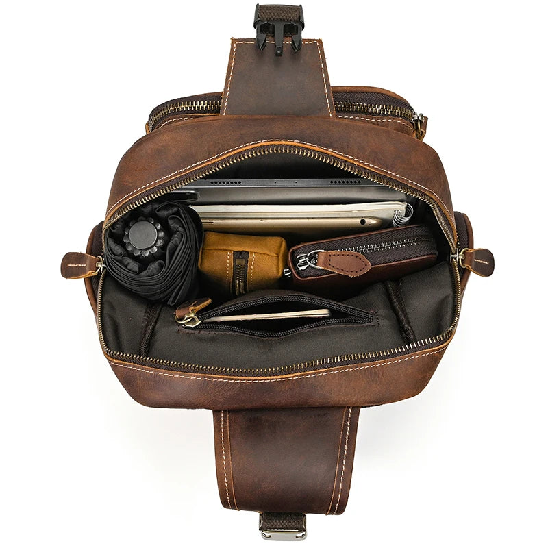 Men's Vintage Crazy Horse Leather Sling Chest Bag