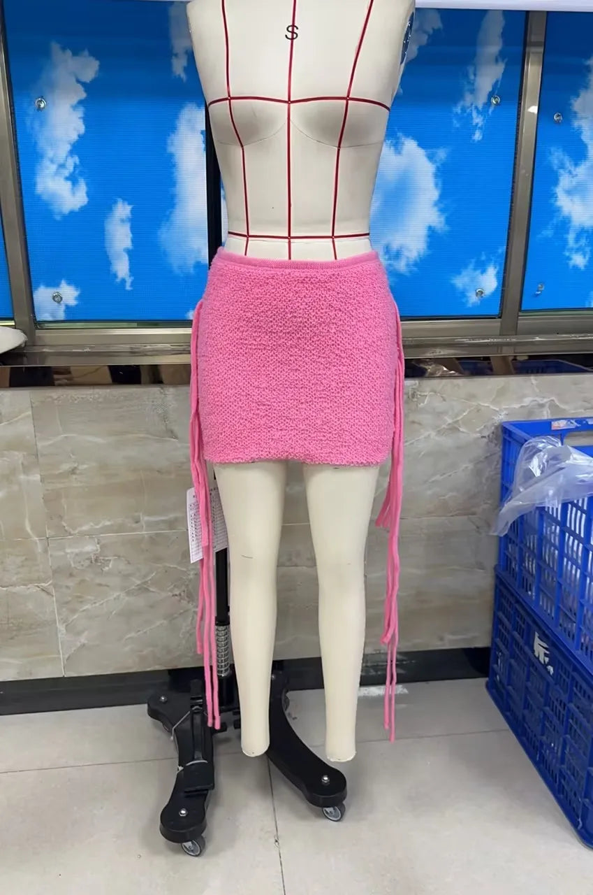 VacationGrabs Women Textured Knit Mini Skirt Summer Fashion Solid Color Low Rise Short Skirts with Long Fringe Side Ties and Raw Edges