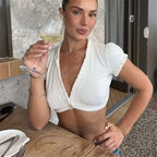 Y2K Ruffle Edge V Neck Crop Tee Puff Cap Sleeve One Button Ruched Bust Slim Fit Solid Cropped Camisole Women Night Out Short Top