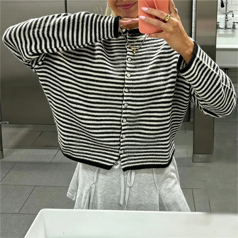 Women's Striped Cropped Knit Cardigan – Loose Fit Button Down
