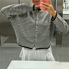 Women's Striped Cropped Knit Cardigan – Loose Fit Button Down