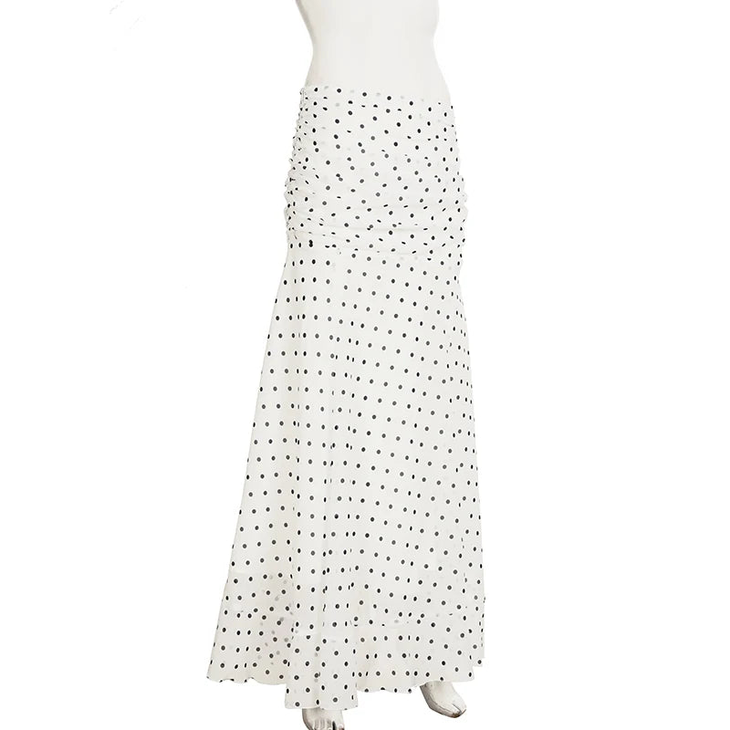 VacationGrabs Polka Dot Floor-length Chiffon Skirt French Style Ruffled Mesh A-line Skirts Elegant Maxi Bottoms High Waist Streetwear