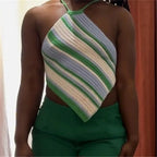 hriigin Cute Women Striped Crochet Halter Neck Top Knit Sleeveless Triangle Hem Crop Top Backless Summer Top Casual Daily Wear