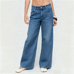 VacationGrabs Y2K Polka Dot Jeans Women Vintage Stretch Wide Leg Denim Pants Casual Distressed Baggy Boyfriend Jeans with Pockets