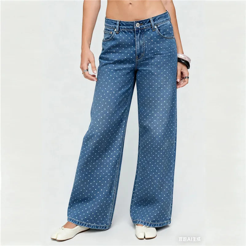 VacationGrabs Y2K Polka Dot Jeans Women Vintage Stretch Wide Leg Denim Pants Casual Distressed Baggy Boyfriend Jeans with Pockets