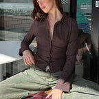 VacationGrabs Women Y2k Button Down Shirts Casual Long Sleeve V Neck Collared Slim Fit Crop Top E-Girls Coquette Vintage Blouse