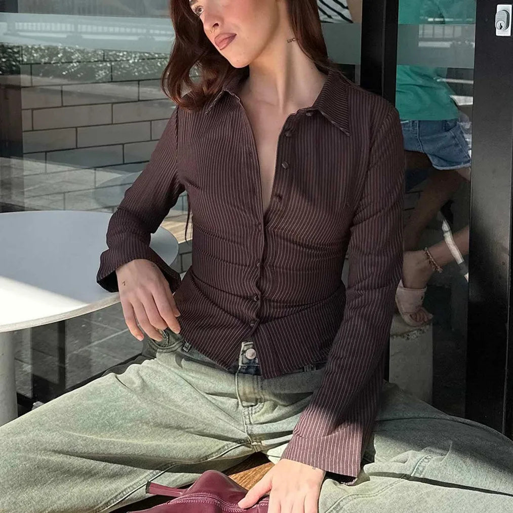 VacationGrabs Women Y2k Button Down Shirts Casual Long Sleeve V Neck Collared Slim Fit Crop Top E-Girls Coquette Vintage Blouse