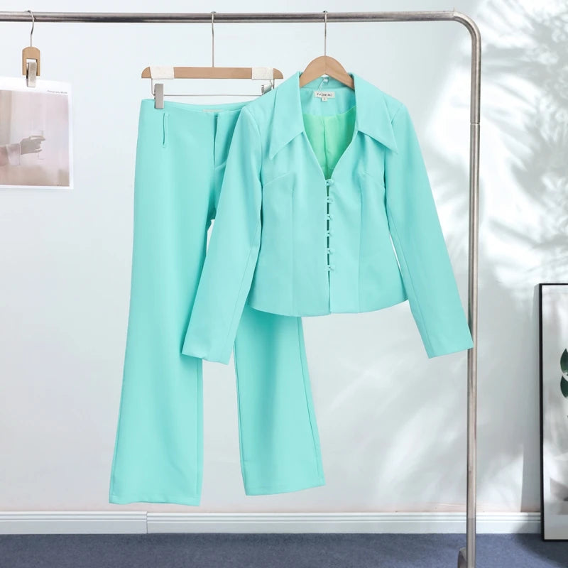 Tiffany Blue Blazer, Mini Skirt & Flare Trouser Separates