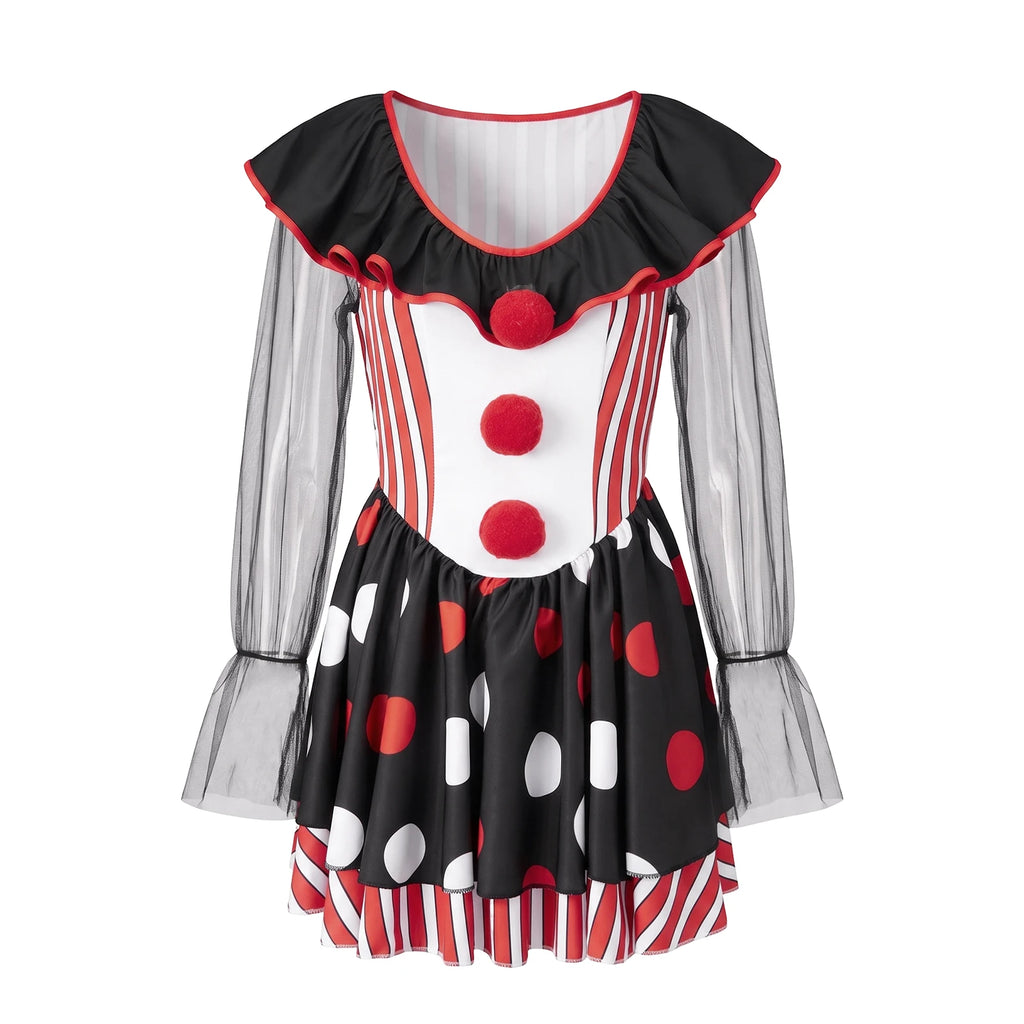 VacationGrabs Halloween Clown Cosplay Dress Women Mesh Long Sleeve Ruffle Neck Stripe Polka Dot A Line Short Dress Party  Club Costume