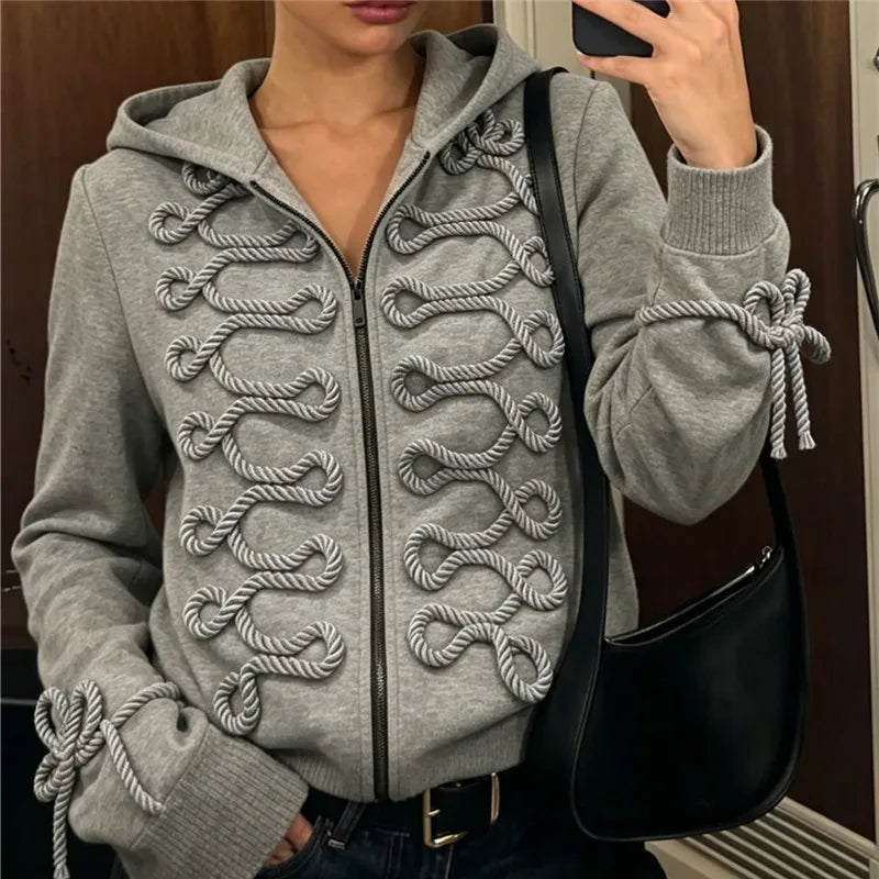 VacationGrabs Y2K Women Structured Shoulder Zip Hoodie 3D Rope Embroidery Braid Trim Jacket Street Fashion Casual Winter Hooded Coat