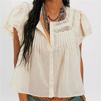 VacationGrabs Women Boho Square Neck Lace Blouse Puff Short Sleeve Button Front Pleated Loose Cropped Shirt Vintage Cottage Summer Top