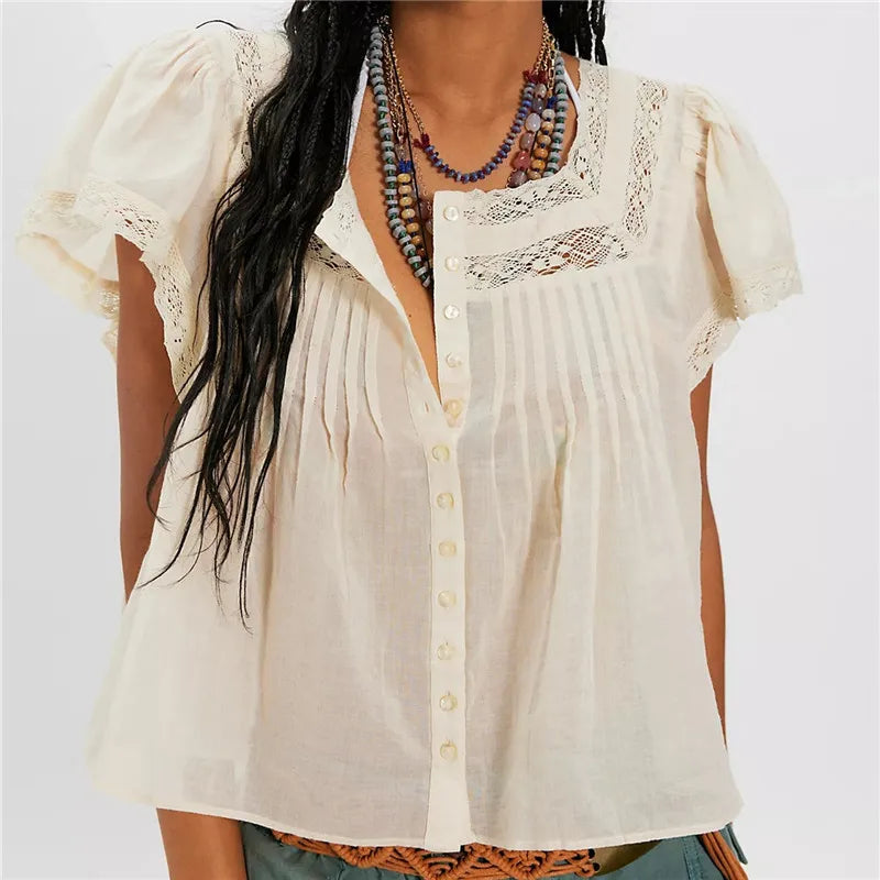 VacationGrabs Women Boho Square Neck Lace Blouse Puff Short Sleeve Button Front Pleated Loose Cropped Shirt Vintage Cottage Summer Top