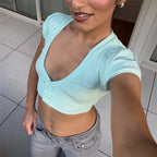 VacationGrabs Summer Women Deep V Neck Puff Sleeve Crop Top Button Front Slim Fit Short Cropped T Shirt Casual Solid Streetwear Blouse