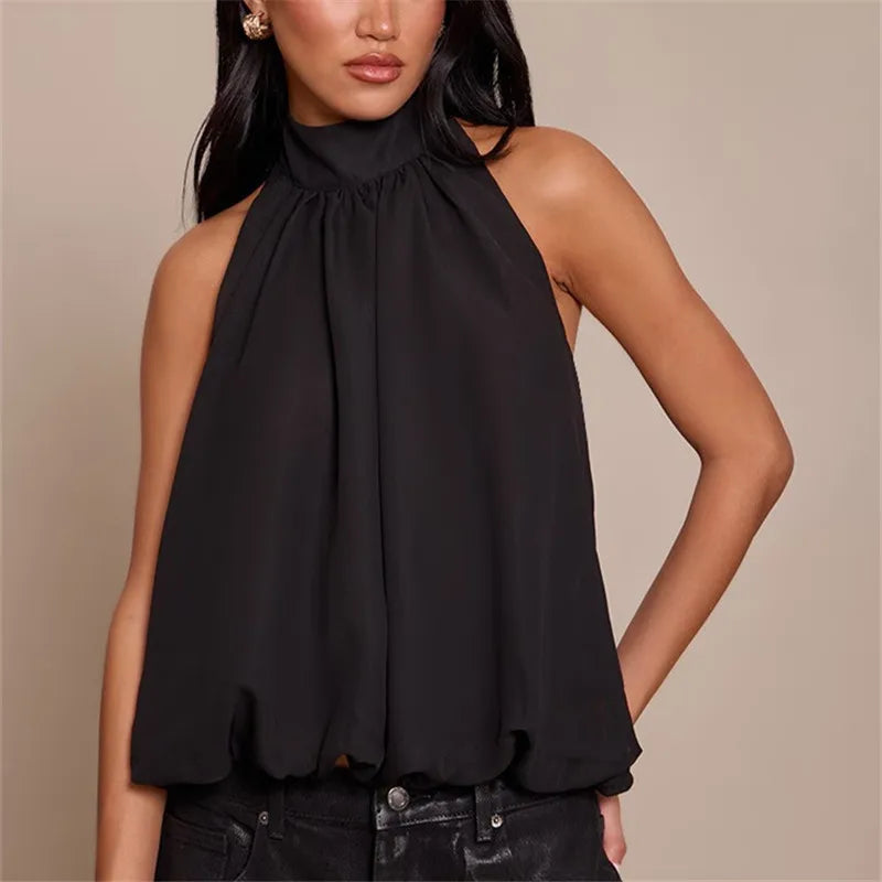 VacationGrabs Women Elegant Tank Tops Summer Halter Neck Sleeveless Summer Solid Color Bubble Hem Vest for Daily Vacation Beach
