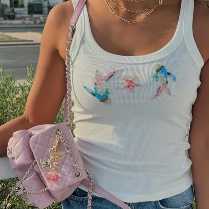 VacationGrabs Beading Sling Tops Women's O-neck Sleeveless Spaghetti Strap Ribbed Vest Summer New Ladies Basic Casual Streetwear