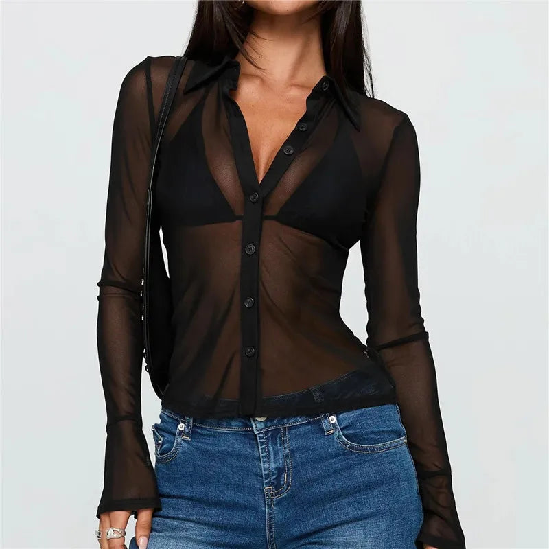 VacationGrabs Sheer Button Down Shirts for Women See Through Mesh Long Sleeve Button Up Blouse Shirt Sexy Going Out Tops Streetwear