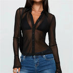 VacationGrabs Sheer Button Down Shirts for Women See Through Mesh Long Sleeve Button Up Blouse Shirt Sexy Going Out Tops Streetwear