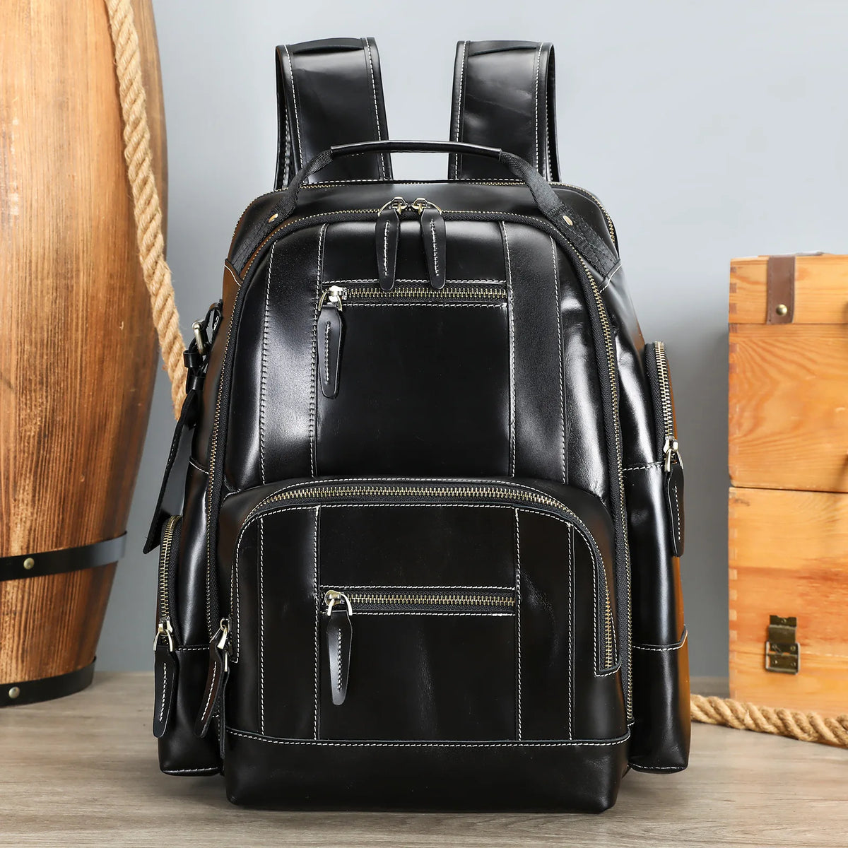 Frenzy Horsehide Men's Double-Shoulder Backpack, Cowhide Outdoor Travel Backpack, Men's Genuine Leather Double-Shoulder Bag
