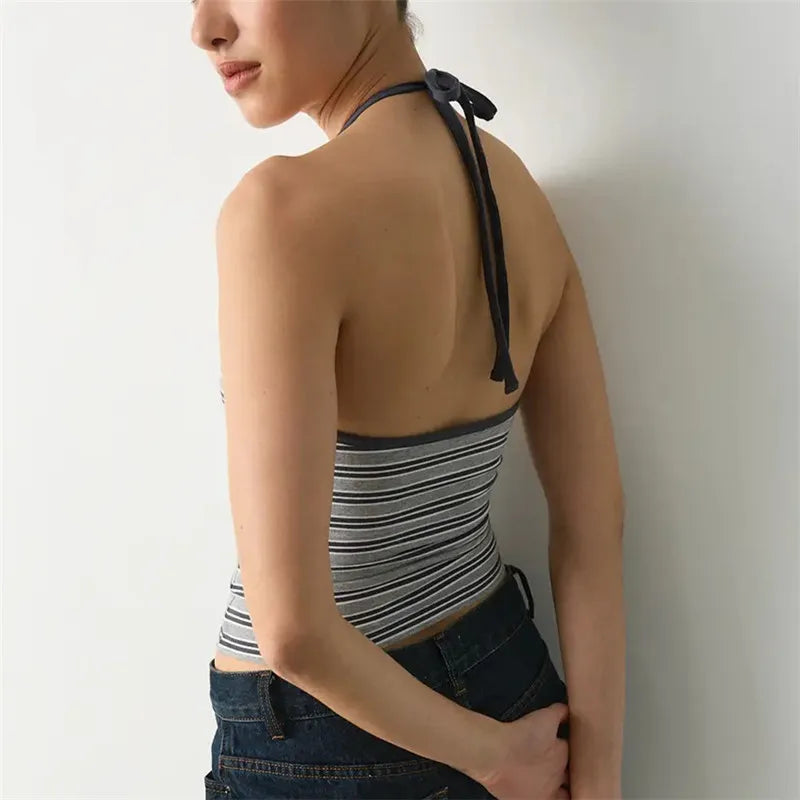 VacationGrabs Halter Neck Tank Tops for Women Y2K Striped Scoop Neck Slim Fit Sleeveless Cami Tops Trendy Summer Casual Going Out Vest