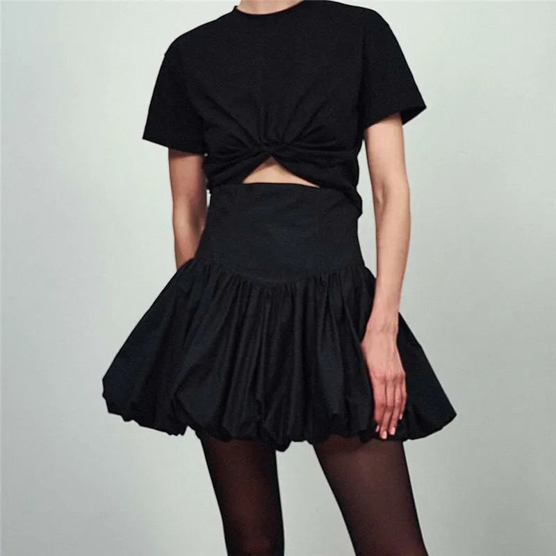 VacationGrabs Women Y2K Bubble Skirt Fashion Elastic Waist Pleated Ruffle Hem A Line Mini Skirt Girls Cute Short Puffy Balloon Skirt