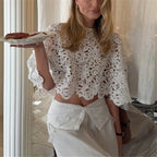 Boho Romantic Hollow Lace Cape Short Top Floral Cutout Batwing Sleeve Cropped Cover Up For Summer Picnic Resort Daily Outfit