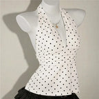 VacationGrabs Ladies Vintage Polka Dot Halter Neck Top Deep V Tie Back Sleeveless Ruched Waist Peplum Tank Top For Y2K Streetwear