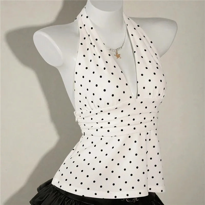 VacationGrabs Ladies Vintage Polka Dot Halter Neck Top Deep V Tie Back Sleeveless Ruched Waist Peplum Tank Top For Y2K Streetwear