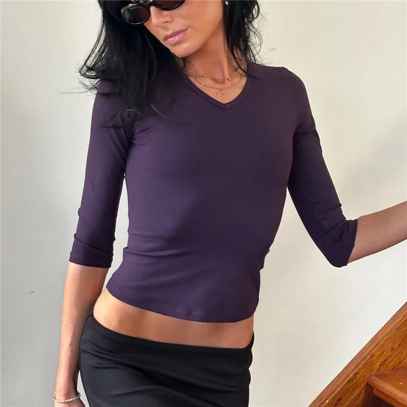 VacationGrabs Y2K Women Solid V Neck 3/4 Sleeve Cropped Top Stretchy Slim Fitted Basic T Shirt Casual Daily Short Blouse Spring Autumn