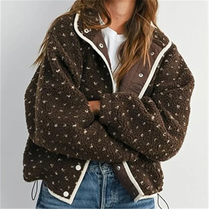 Womens Fleece Fuzzy Jacket Heart Dots Print Long Sleeve Winter Warm Fluffy Coats Button Down Sherpa Cardigan Y2K Outerwear