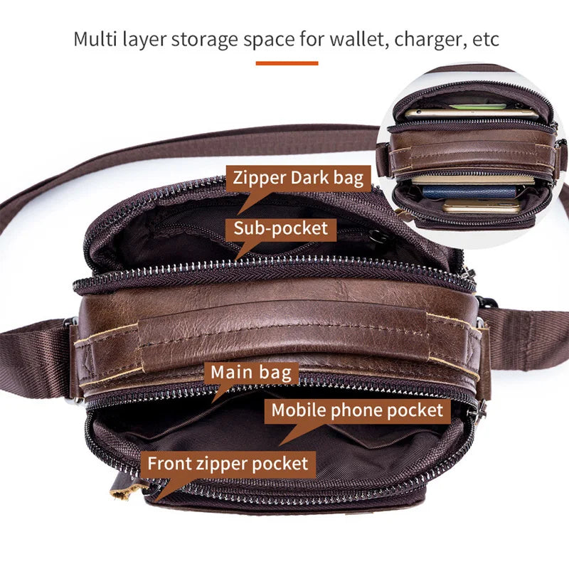 Bandolera de pecho de cuero impermeable informal de cuero auténtico para hombre