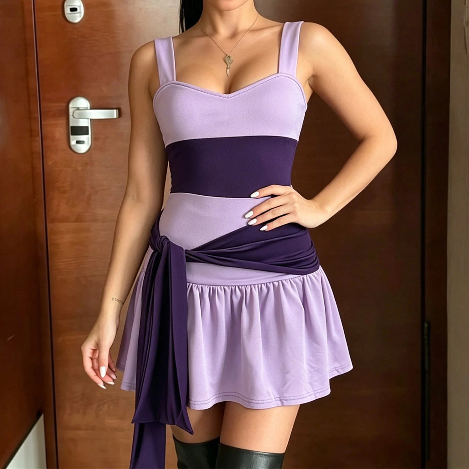 VacationGrabs Summer Color Block Mini Dress Women Wide Strap Sweetheart Neck Side Sash Tie Fake Two Piece Skort Dress Beach Vacation