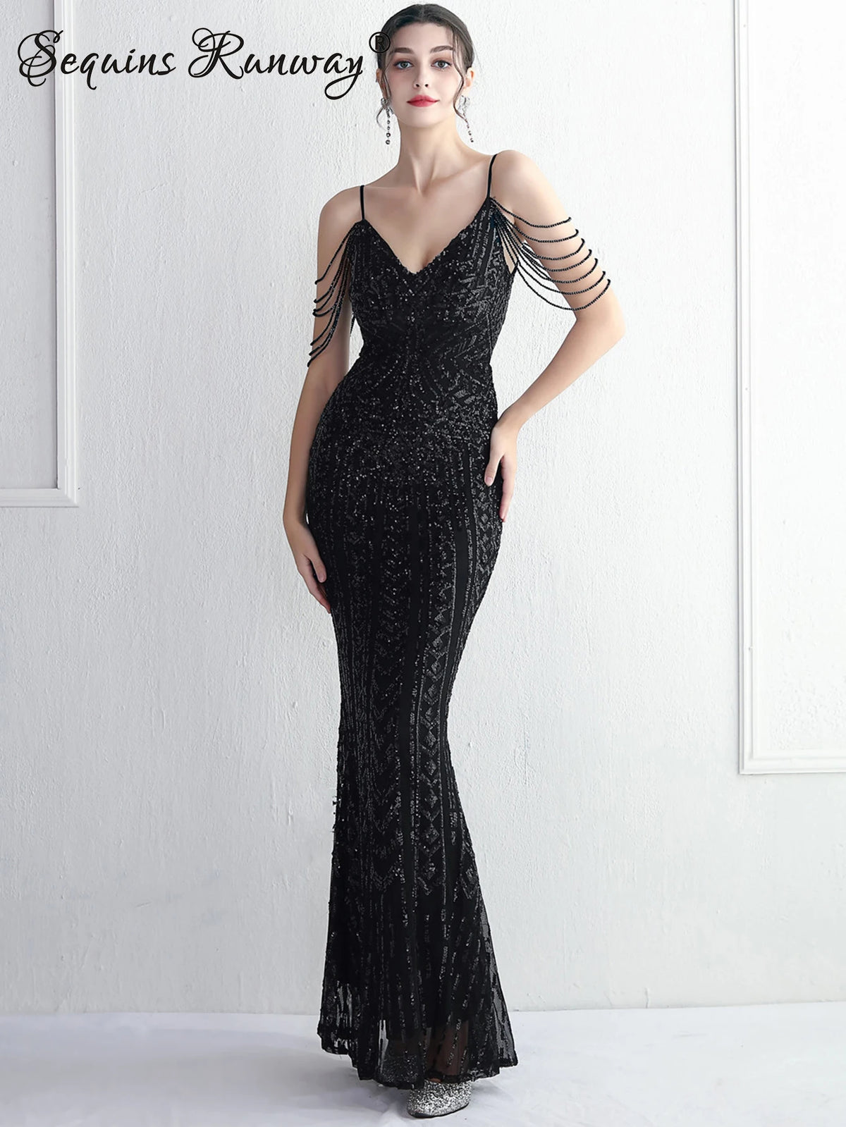 Sequin Maxi Slip Dress with V-Neck, Floor-Length Mermaid Cut