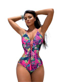 Floral Print Lace Up Front One Piece Swimsuit - VacationGrabs