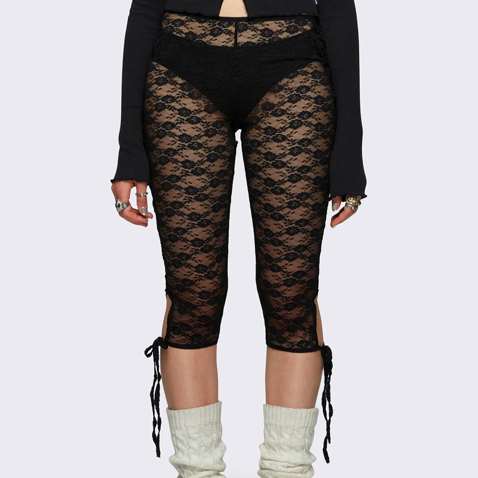 VacationGrabs Lace Capri Leggings for Women Y2k Mesh See Through Pants Fairycore Floral Lace Tights Pants for Daily Streetwear