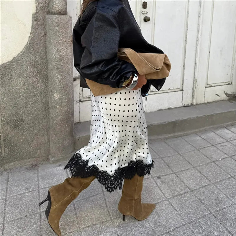 VacationGrabs Women Elegant Lace Satin Spliced Midi Skirts Sexy Dots Print High Waist Retro Casual Straight Midi Skirts Y2K Streetwear