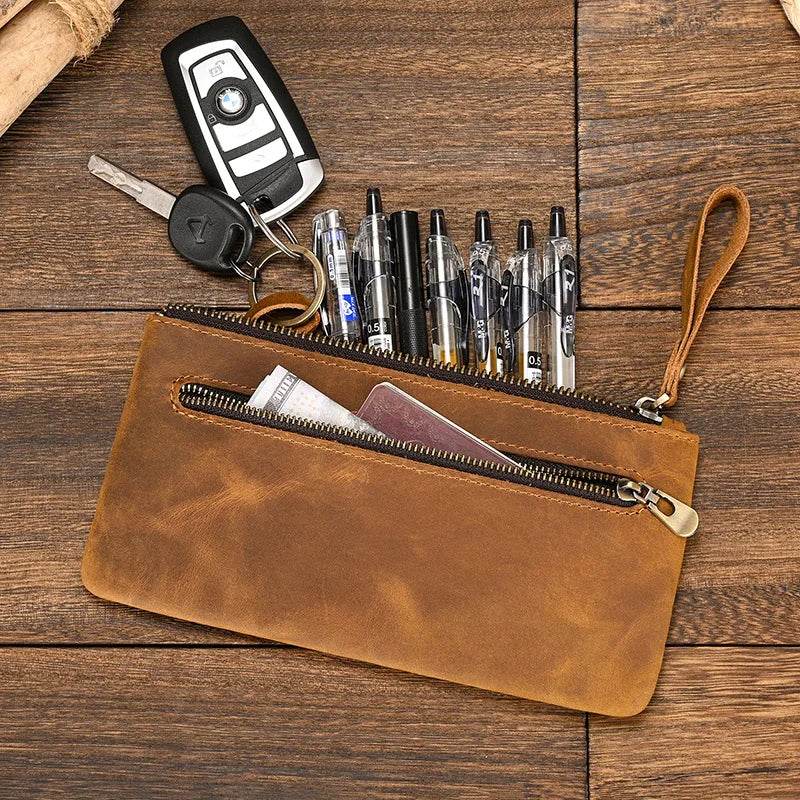 Crazy Horse Leather Zipper Wallet with Key Chain for Coins & Cards - VacationGrabs